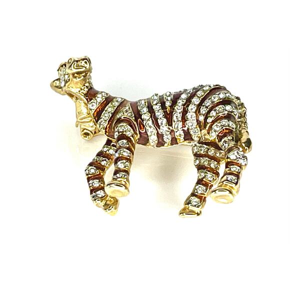 VTG Pave Crystal ZEBRA BROOCH PIN Enameled Gold Standing Zoo Animal Green Eyes - Picture 5 of 8